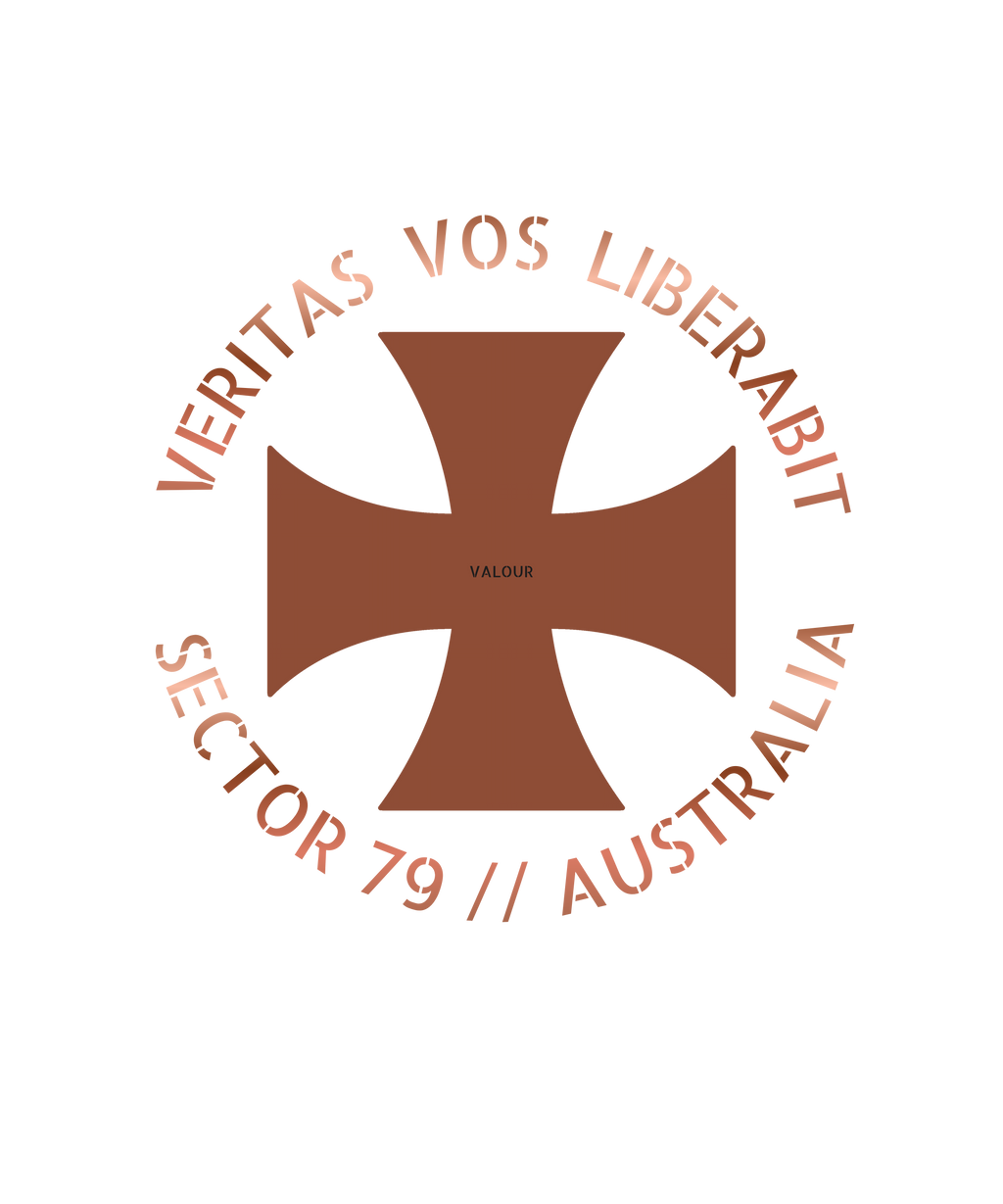 Logo with a cross and text 'VERITAS VOS LIBERABIT' and 'SECTOR 79 // AUSTRALIA' on a white background