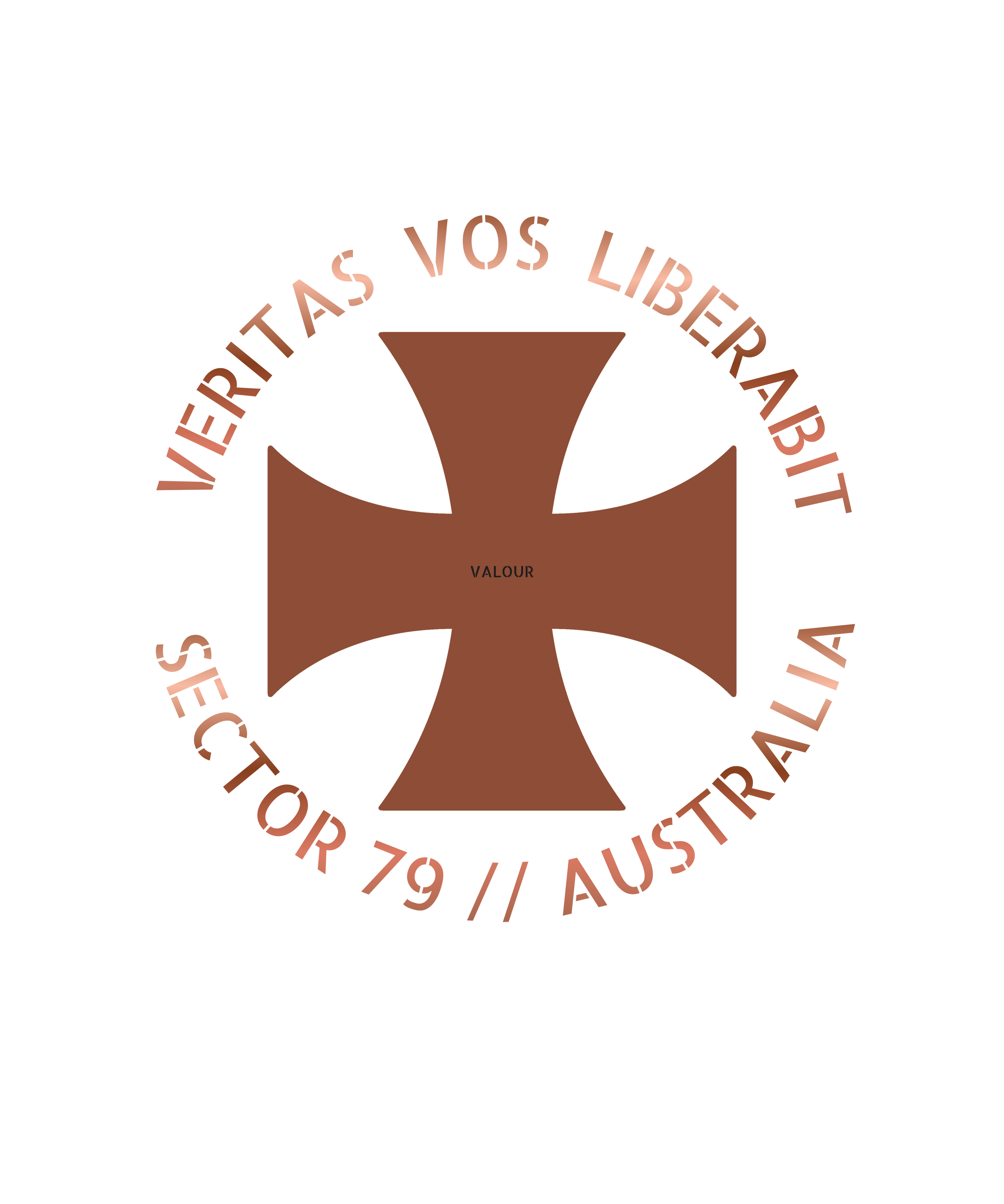 Logo with a cross and text 'VERITAS VOS LIBERABIT' and 'SECTOR 79 // AUSTRALIA' on a white background