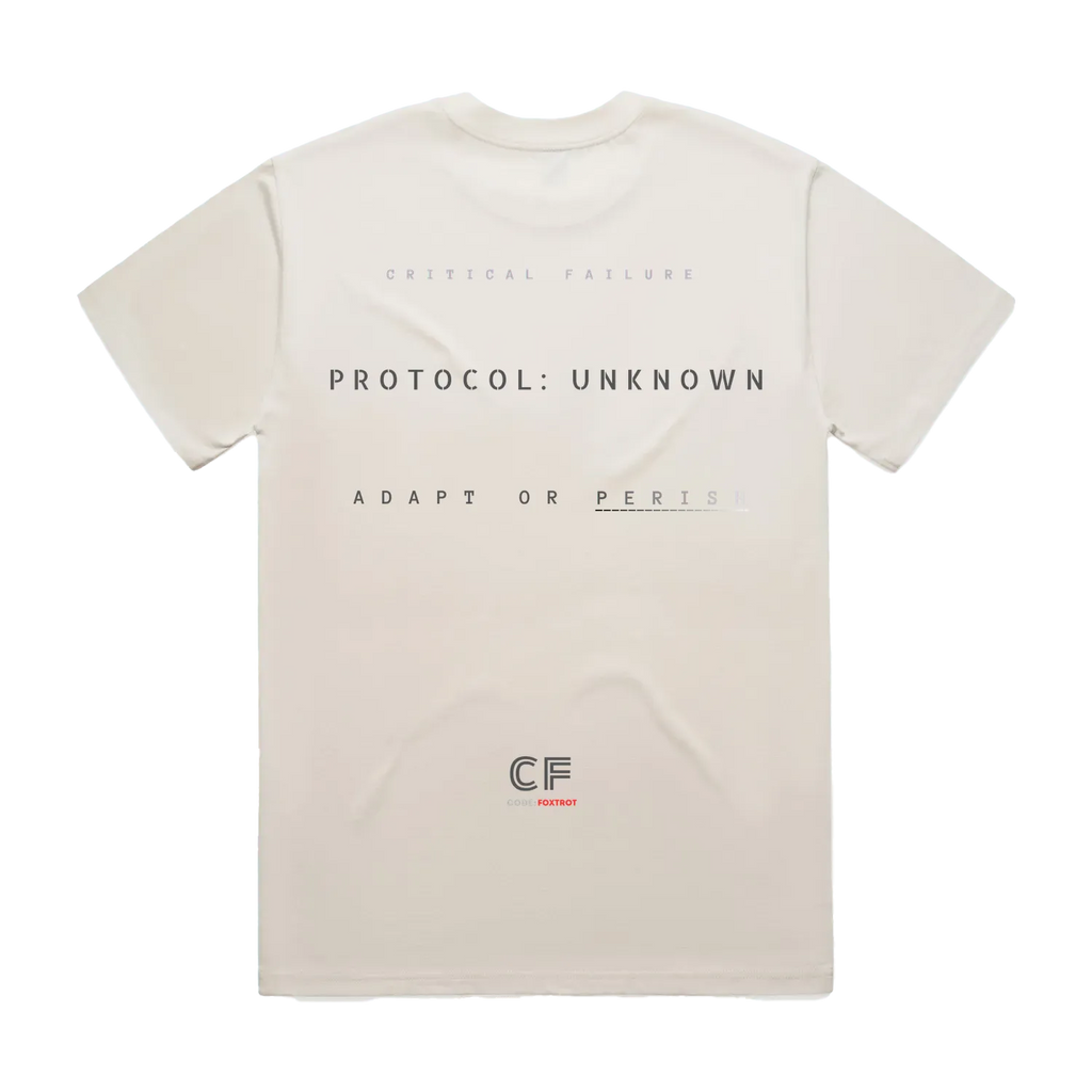 CODE: FOXTROT Crisis Mode Operational Manifest Tee in Ecru — back view flat lay