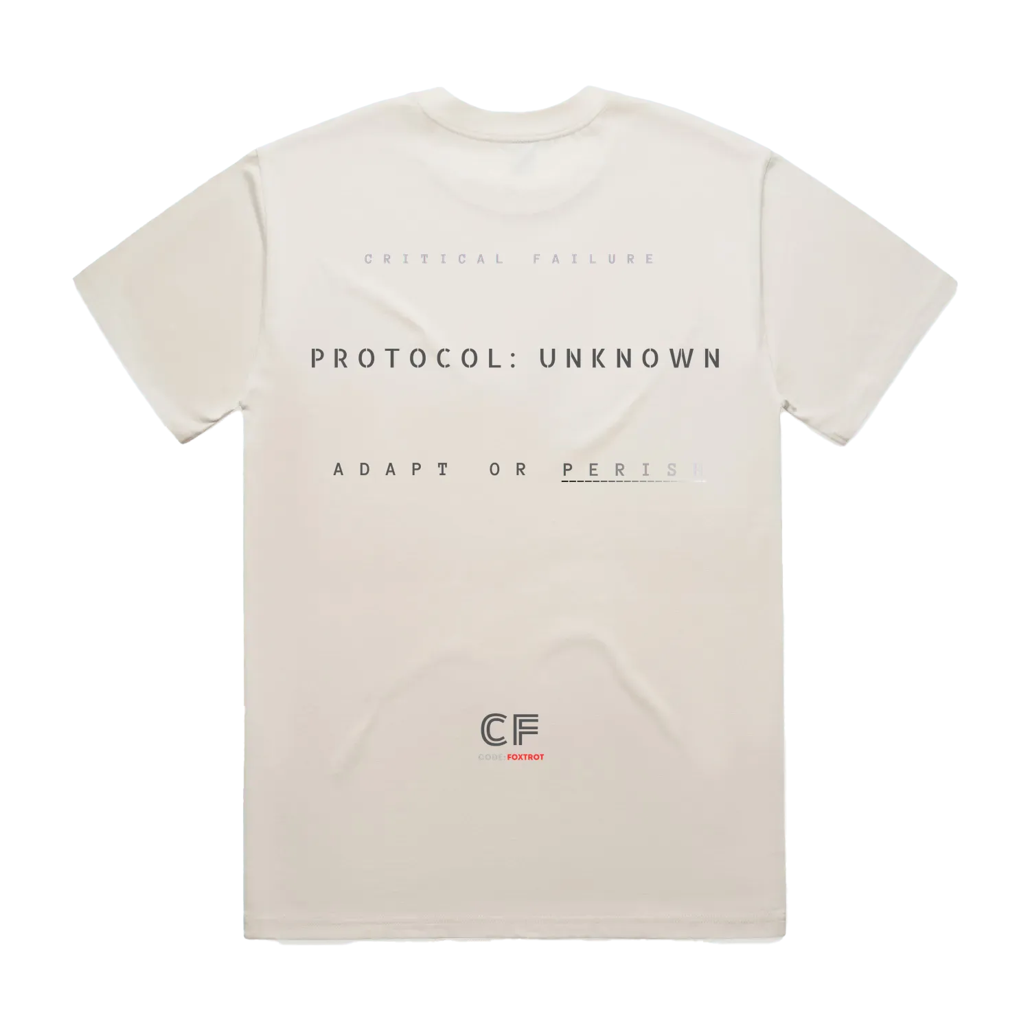 CODE: FOXTROT Crisis Mode Operational Manifest Tee in Ecru — back view flat lay