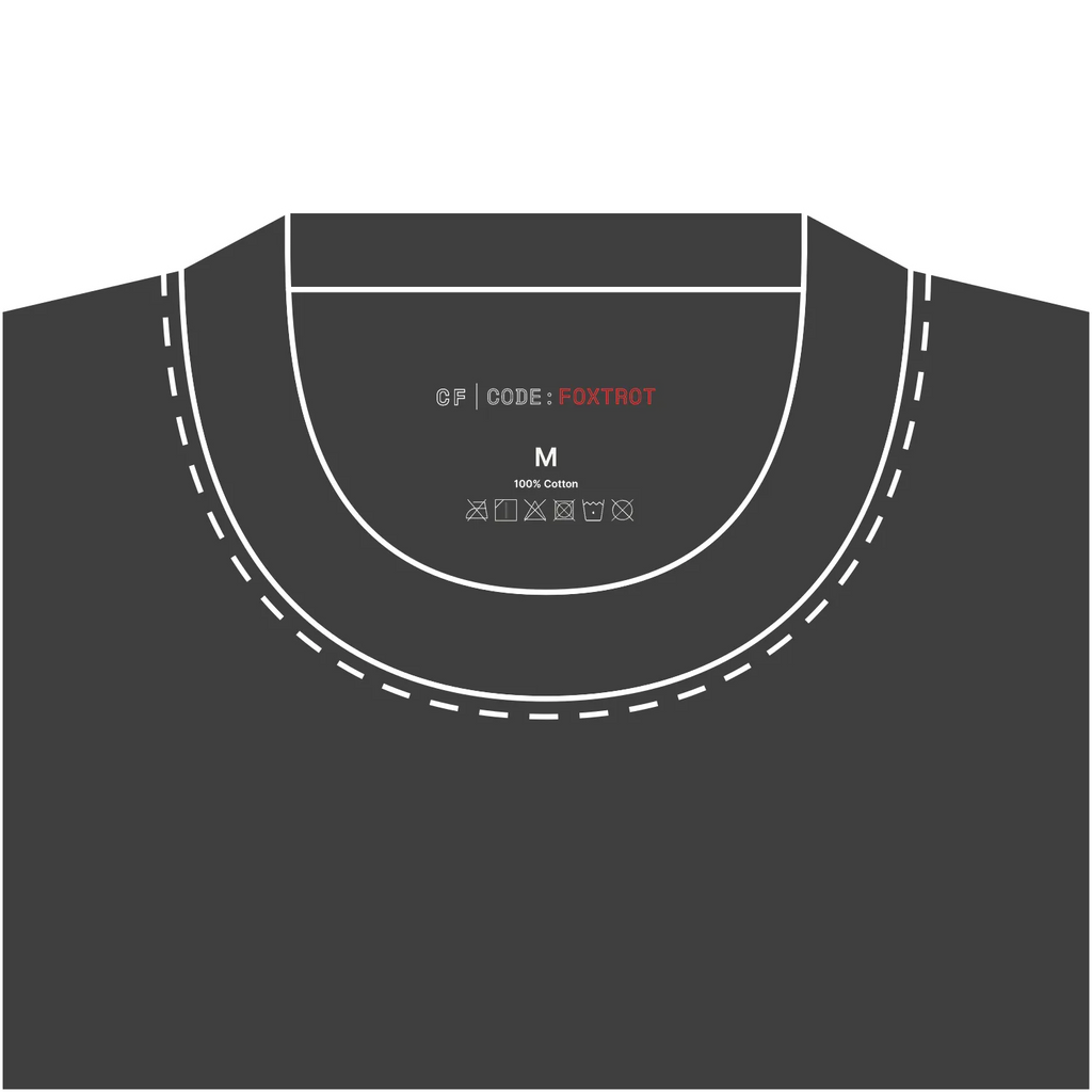 CODE: FOXTROT Panic Mode Operative Tee in Faded Black — neck label detail