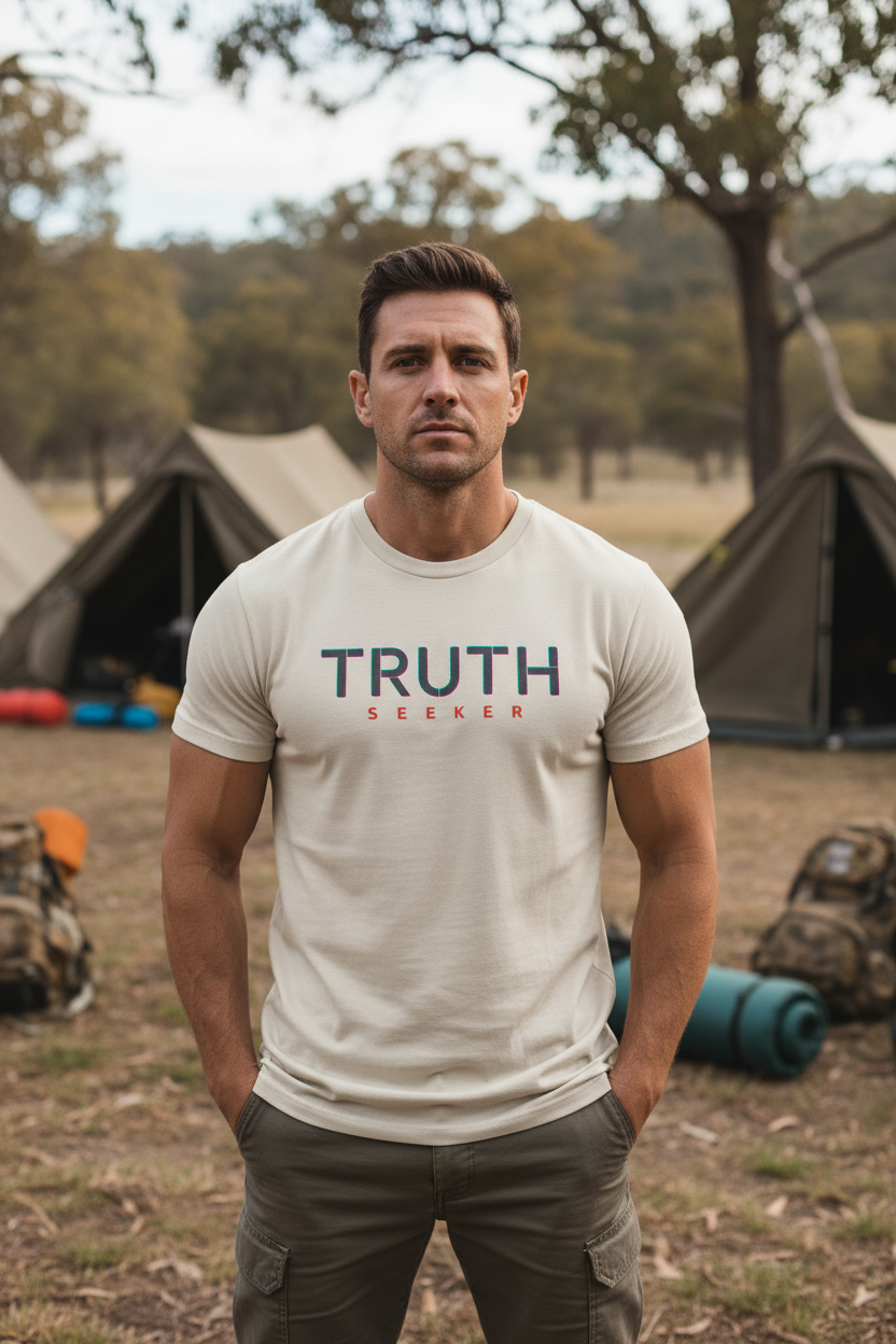 CODE: FOXTROT Truth Seeker Field Op Tee in Ecru Charcoal — front view