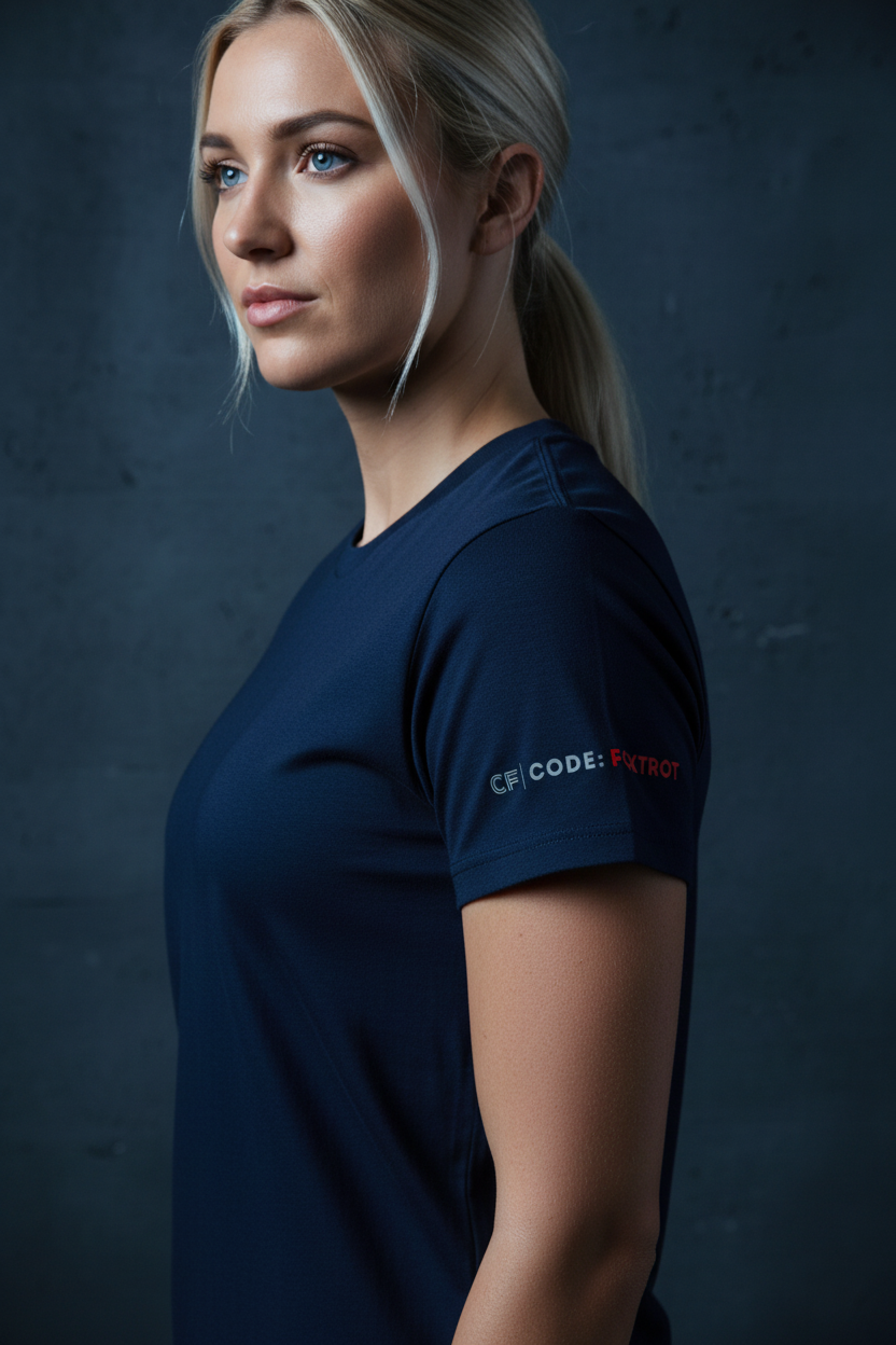 CODE: FOXTROT Valkyrie Cu-29 Navy Ghost Tee — left sleeve 