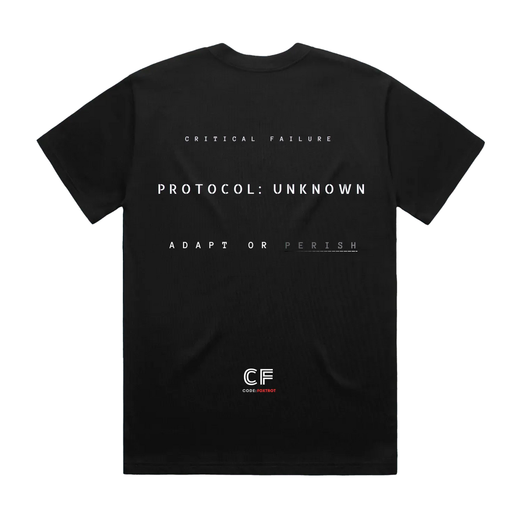 ODE: FOXTROT Crisis Mode Operational Manifest Tee in Black — flat lay back view