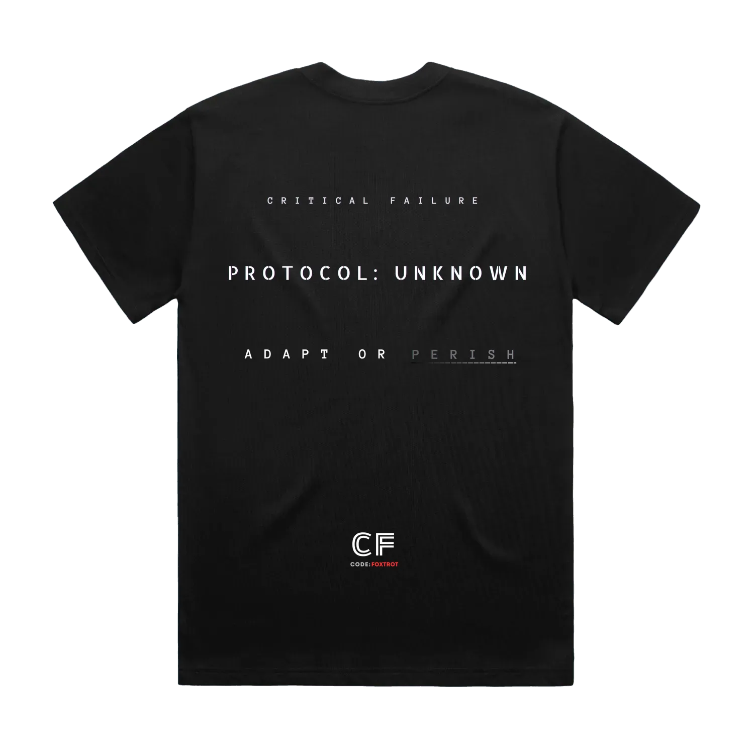 ODE: FOXTROT Crisis Mode Operational Manifest Tee in Black — flat lay back view