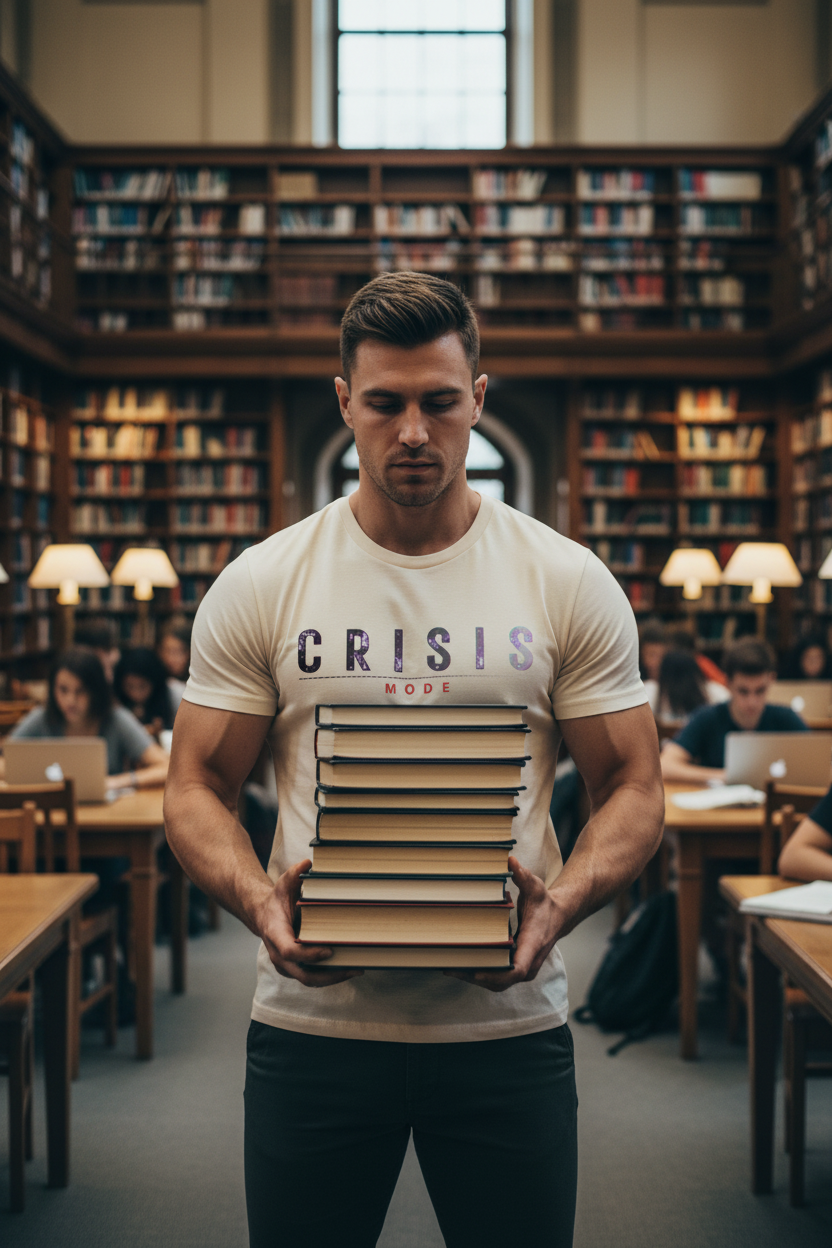 Crisis Mode Ecru Library Male Holding Books